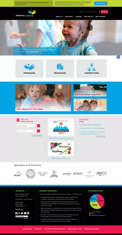 Williams Syndrome Association website screenshot.