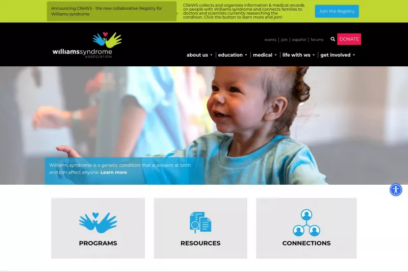 Williams Syndrome Association website screenshot.